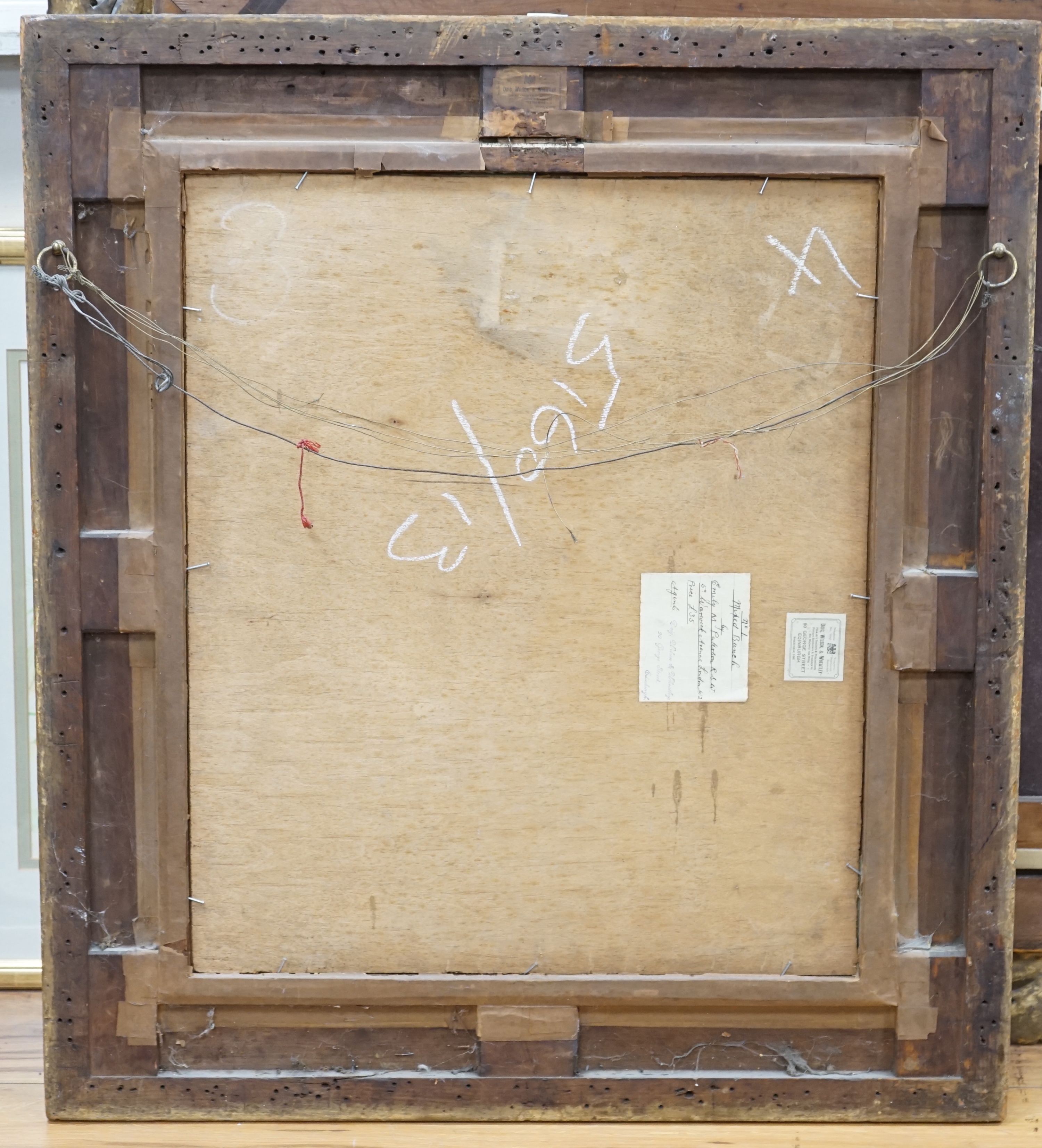 A Victorian giltwood and gesso scroll border picture frame, aperture 58 x 68cm